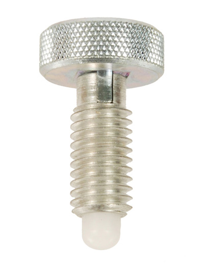 Hand Retractable Plungers - Knurled Head Plungers - Locking Radiused Delrin Nose Metric - Stainless Steel - Light Pressure, End Force: 3.0 Initial x 18.0 Full